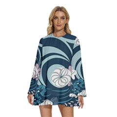 Flowers Pattern Floral Ocean Abstract Digital Art Round Neck Long Sleeve Bohemian Style Chiffon Mini Dress by Pakemis