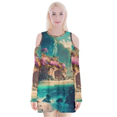 Tropical Island Fantasy Landscape Palm Trees Ocean Velvet Long Sleeve Shoulder Cutout Dress by Pakemis