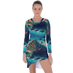 Tropical Island Paradise Ocean Sea Palm Trees Asymmetric Cut-out Shift Dress by Pakemis