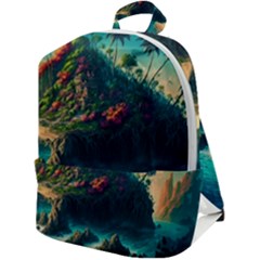 Tropical Island Paradise Ocean Sea Palm Trees Zip Up Backpack by Pakemis