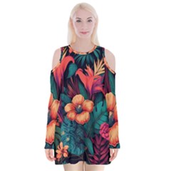 Tropical Flowers Floral Floral Pattern Pattern Velvet Long Sleeve Shoulder Cutout Dress by Pakemis