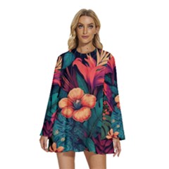 Tropical Flowers Floral Floral Pattern Pattern Round Neck Long Sleeve Bohemian Style Chiffon Mini Dress by Pakemis