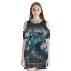 Tsunami Waves Ocean Sea Water Rough Seas 5 Shoulder Cutout Velvet One Piece by Pakemis