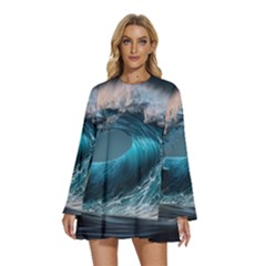 Tsunami Waves Ocean Sea Water Rough Seas 2 Round Neck Long Sleeve Bohemian Style Chiffon Mini Dress by Pakemis