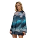 Tsunami Waves Ocean Sea Water Rough Seas 2 Round Neck Long Sleeve Bohemian Style Chiffon Mini Dress View2