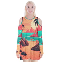 Tropical Beach Sea Jungle Ocean Landscape Velvet Long Sleeve Shoulder Cutout Dress by Pakemis