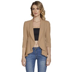 Camel Brown	 - 	3/4 Sleeve Ruffle Edge Open Front Jacket by ColorfulWomensWear