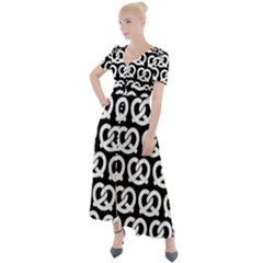 Black And White Pretzel Illustrations Pattern Button Up Short Sleeve Maxi Dress by GardenOfOphir