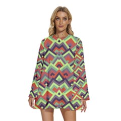 Trendy Chic Modern Chevron Pattern Round Neck Long Sleeve Bohemian Style Chiffon Mini Dress