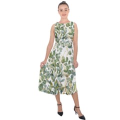 Gold And Green Eucalyptus Leaves Midi Tie-back Chiffon Dress by Jack14