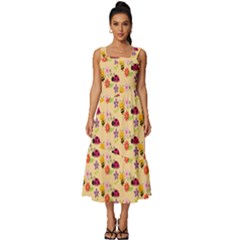 Colorful Ladybug Bess And Flowers Pattern Square Neckline Tiered Midi Dress by GardenOfOphir