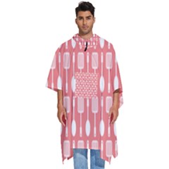 Coral And White Kitchen Utensils Pattern Men s Hooded Rain Ponchos