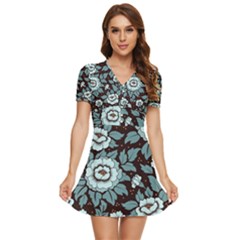 Vintage Floral Pattern Blue Damask Pattern Blue Vintage V-neck High Waist Chiffon Mini Dress