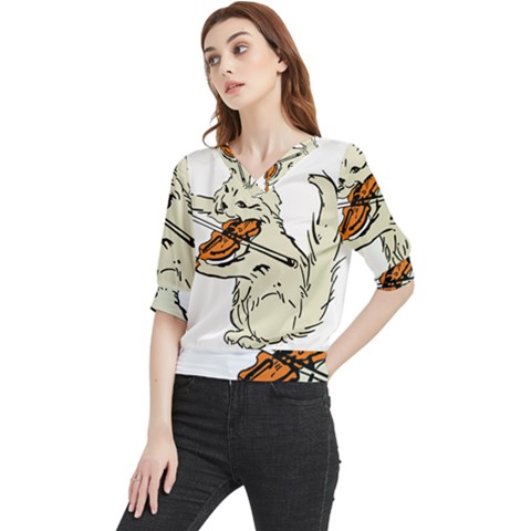 Cat Playing The Violin Art Quarter Sleeve Blouse by oldshool