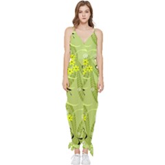 Seamless Pattern Green Garden Sleeveless Tie Ankle Chiffon Jumpsuit