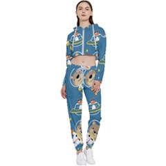 Seamless Pattern Funny Astronaut Outer Space Transportation Cropped Zip Up Lounge Set by Semog4