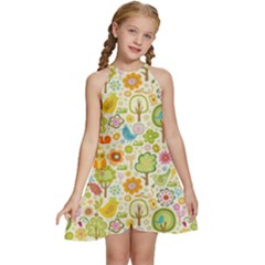 Nature Doodle Art Trees Birds Owl Children Pattern Multi Colored Kids  Halter Collar Waist Tie Chiffon Dress by Salman4z