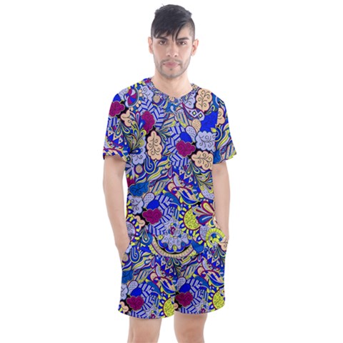 Blue Yellow Background Pattern Vector Texture Paisley Men s Mesh Tee And Shorts Set by Salman4z