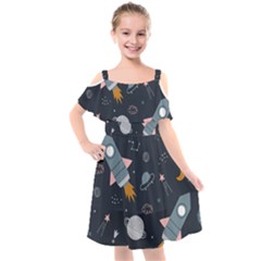 Space Background Illustration With Stars And Rocket Seamless Vector Pattern Kids  Cut Out Shoulders Chiffon Dress by Salman4z