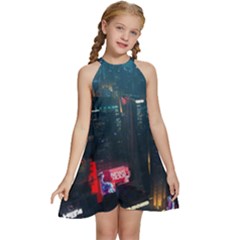 Cityscape Digital Art Kids  Halter Collar Waist Tie Chiffon Dress by Salman4z