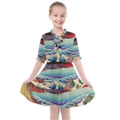 Wave Japanese Mount Fuji Woodblock Print Ocean Kids  All Frills Chiffon Dress by Salman4z