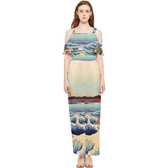 Wave Japanese Mount Fuji Woodblock Print Ocean Draped Sleeveless Chiffon Jumpsuit by Salman4z