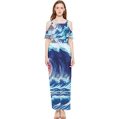 Storm Tsunami Waves Ocean Sea Nautical Nature Draped Sleeveless Chiffon Jumpsuit by Jancukart