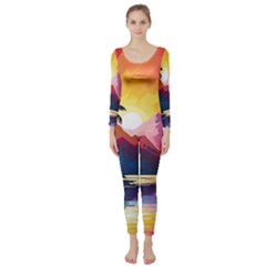 Ai Generated Tropical Island Sunset Landscape Long Sleeve Catsuit by Wegoenart