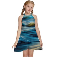 Waves Wave Water Blue Sea Ocean Abstract Kids  Halter Collar Waist Tie Chiffon Dress by Salman4z