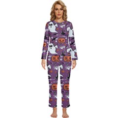 Pumpkin Ghost Witch Hat Halloween Sketch Holiday Womens  Long Sleeve Lightweight Pajamas Set by Ravend