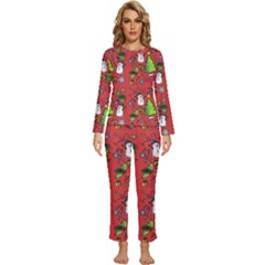 Santa Snowman Gift Holiday Christmas Cartoon Womens  Long Sleeve Lightweight Pajamas Set by Ravend