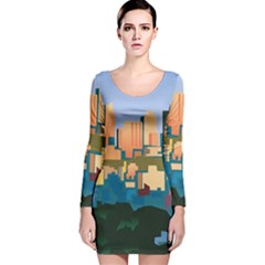 City Buildings Urban Dawn Long Sleeve Velvet Bodycon Dress