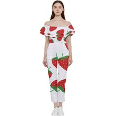 Seamless Pattern Fresh Strawberry Off Shoulder Ruffle Top Jumpsuit by Salman4z