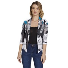 Cute Cat Hand Drawn Cartoon Style Women s Draped Front 3/4 Sleeve Shawl Collar Jacket by Salman4z