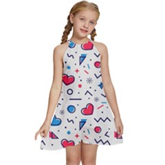 Hearts Seamless Pattern Memphis Style Kids  Halter Collar Waist Tie Chiffon Dress by Salman4z