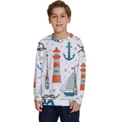 Nautical Elements Pattern Background Kids  Long Sleeve Jersey