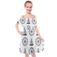 Marine Nautical Seamless Pattern With Vintage Lighthouse Wheel Kids  Cut Out Shoulders Chiffon Dress by Salman4z