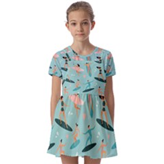 Beach-surfing-surfers-with-surfboards-surfer-rides-wave-summer-outdoors-surfboards-seamless-pattern- Kids  Short Sleeve Pinafore Style Dress by Salman4z