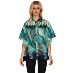 Waterfall Jungle Nature Paper Craft Trees Tropical Women s Batwing Button Up Shirt