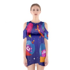 Cartoon-funny-aliens-with-ufo-duck-starry-sky-set Shoulder Cutout One Piece Dress by Salman4z