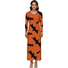 Halloween-card-with-bats-flying-pattern Long Sleeve Longline Maxi Dress by Salman4z