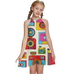 Retro-cameras-audio-cassettes-hand-drawn-pop-art-style-seamless-pattern Kids  Halter Collar Waist Tie Chiffon Dress