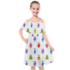 Seamless-pattern-cute-funny-monster-cartoon-isolated-white-background Kids  Cut Out Shoulders Chiffon Dress by Salman4z