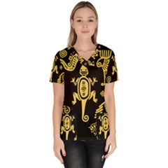 Mexican-culture-golden-tribal-icons Women s V-neck Scrub Top by Salman4z