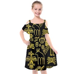 Golden-indian-traditional-signs-symbols Kids  Cut Out Shoulders Chiffon Dress by Salman4z