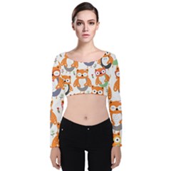 Cute-colorful-owl-cartoon-seamless-pattern Velvet Long Sleeve Crop Top by Salman4z