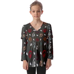 Art Halloween Pattern Creepy Design Digital Papers Kids  V Neck Casual Top by pakminggu