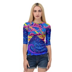 Psychedelic Colorful Lines Nature Mountain Trees Snowy Peak Moon Sun Rays Hill Road Artwork Stars Quarter Sleeve Raglan Tee