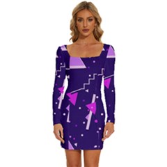 Purple Blue Geometric Pattern Long Sleeve Square Neck Bodycon Velvet Dress