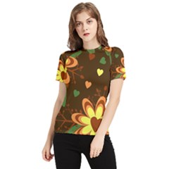 Floral Hearts Brown Green Retro Women s Short Sleeve Rash Guard